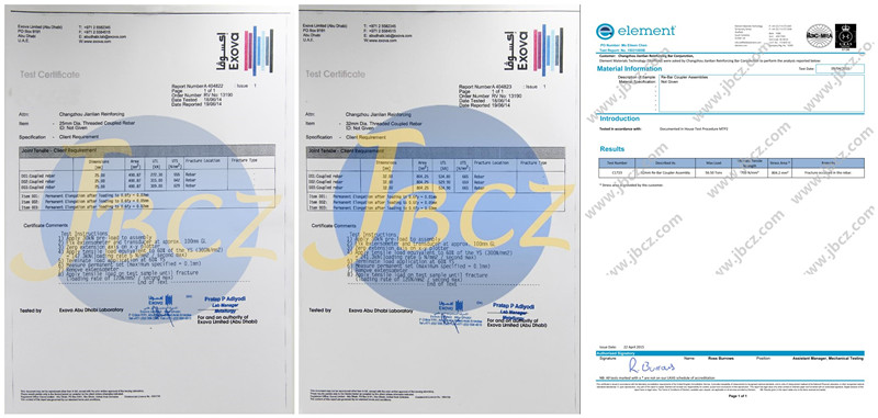 Test report of UK CARES certificated rebar couplers